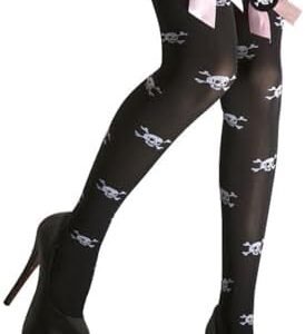 Sheer Black Thigh High Stockings with Pink Skull Motifs