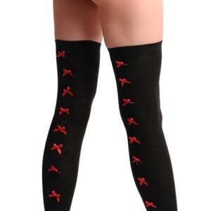 Sheer Sexy Black with Red Bows Thigh High Stockings
