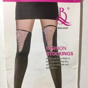 Thigh High Black Stockings with Pink Ribbon Lace Ups