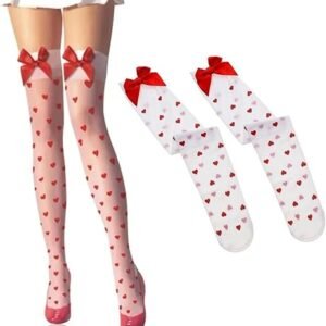 White Thigh High Stockings with Seductive Red Heart Motif and Bows